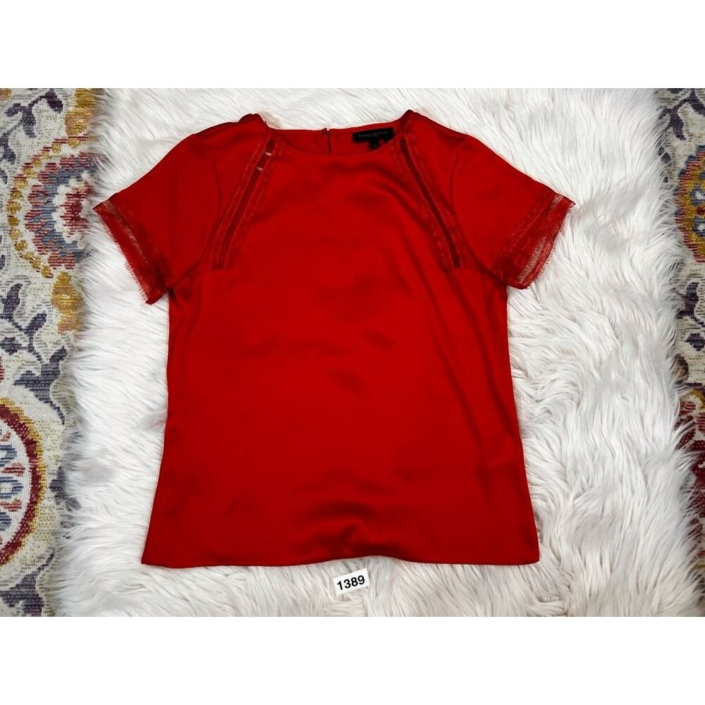 Donna Karan Womens Blouse Orange XS Short Sleeve Crochet Satin Solid Career